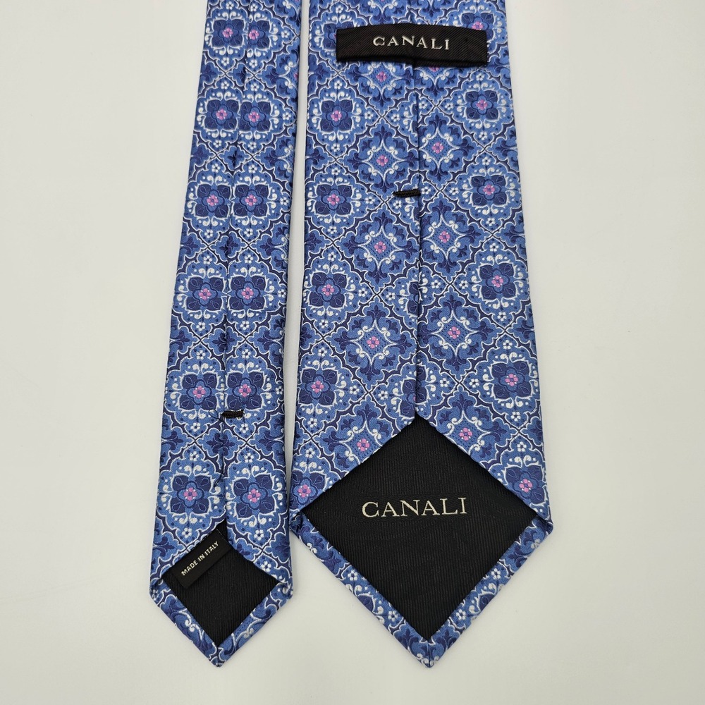 Canali Men 100% Silk Tie Floral Medallion Geometric Luxury Italian Designer Blue